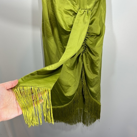 PrettyLittle Thing Olive Satin Bardot Tassel Hem Draped Midi Dress Satin Formal - Picture 10 of 16